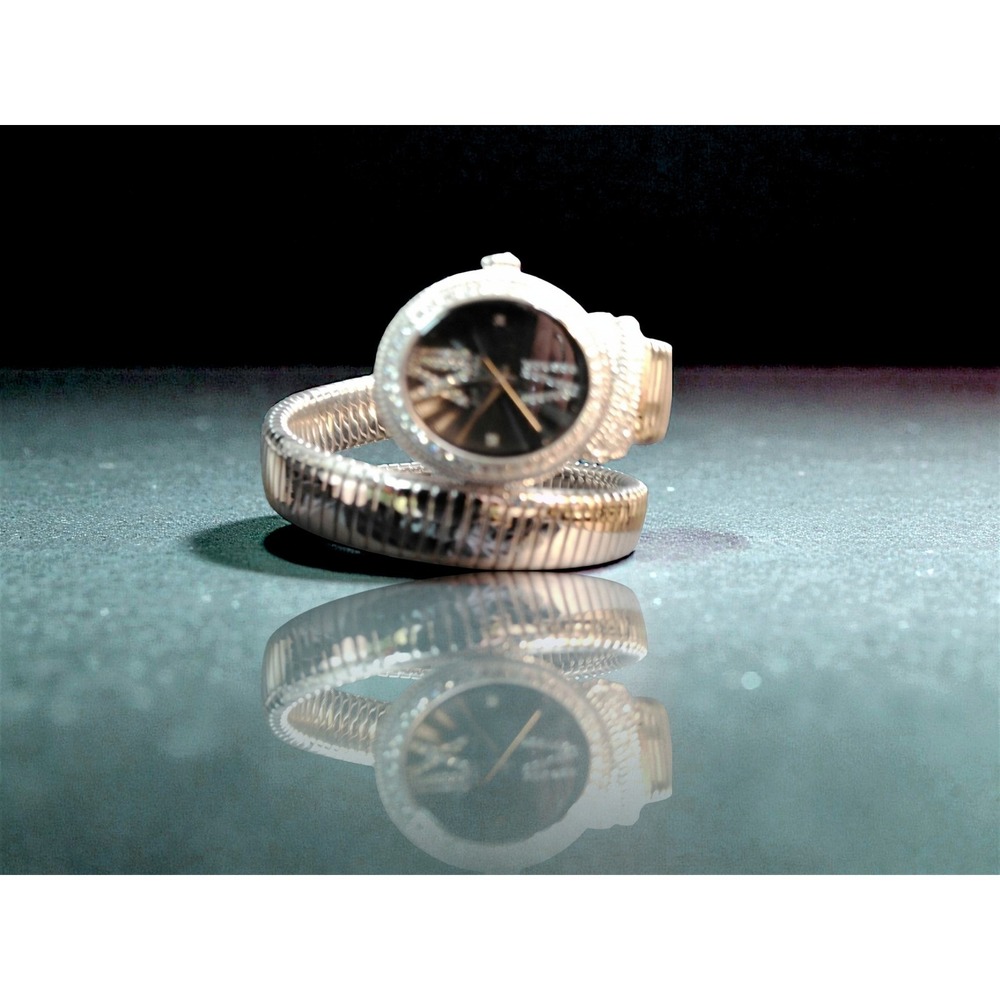 Judith Ripka Women's Silver Tone Crystal Bezel Tubogas Watch with Coil Band